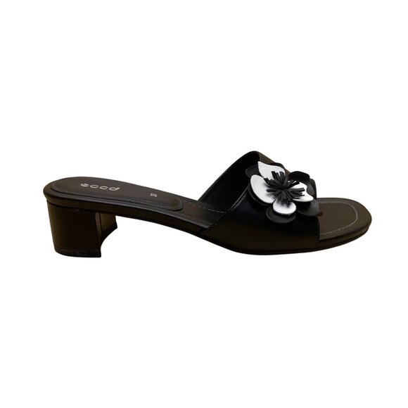 Ecco Shoes - Ecco Women’s Black Leather Flower Accent Open-Toe Mule Sandals Size 37